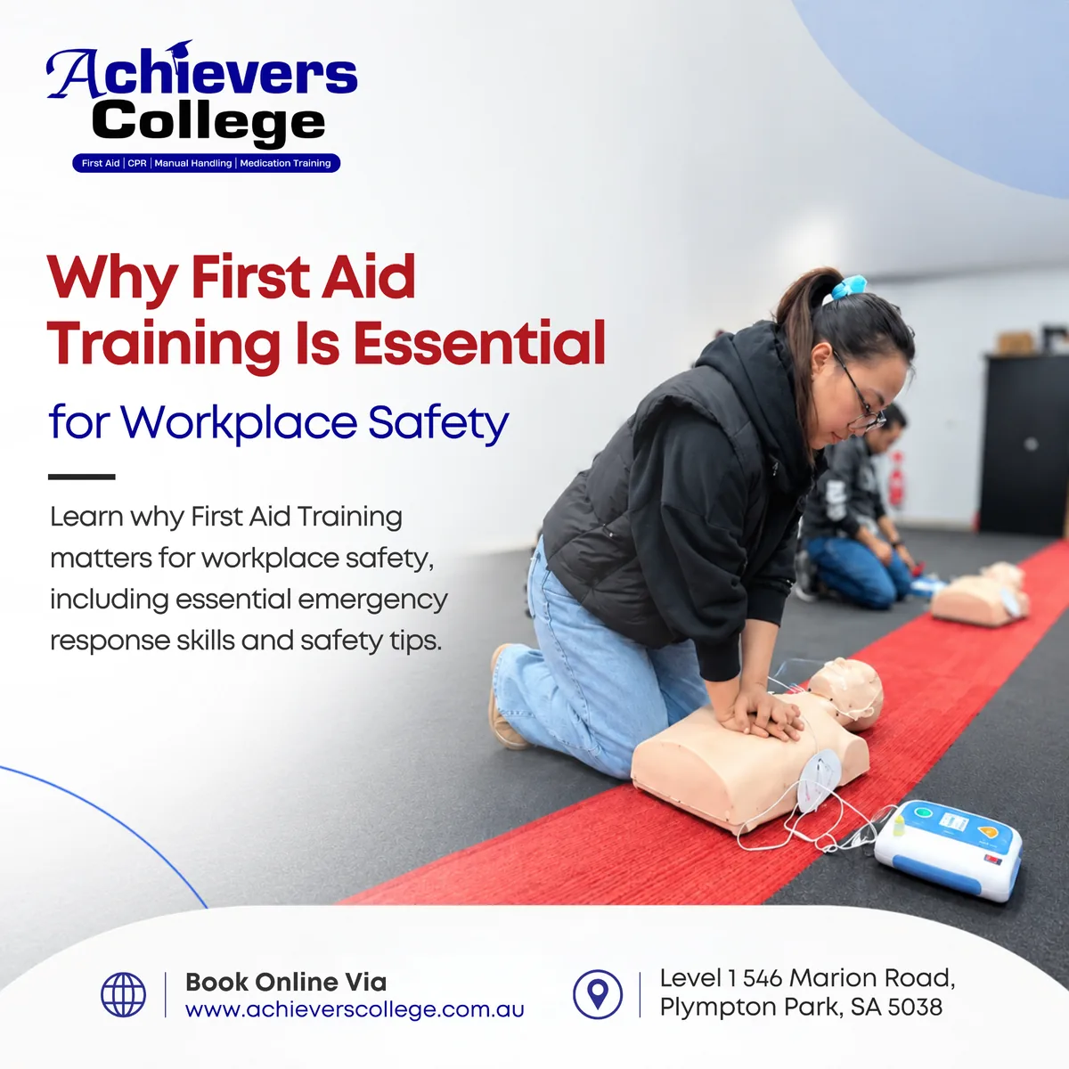Employees practising first aid training for workplace safety with a trainer and a first aid kit