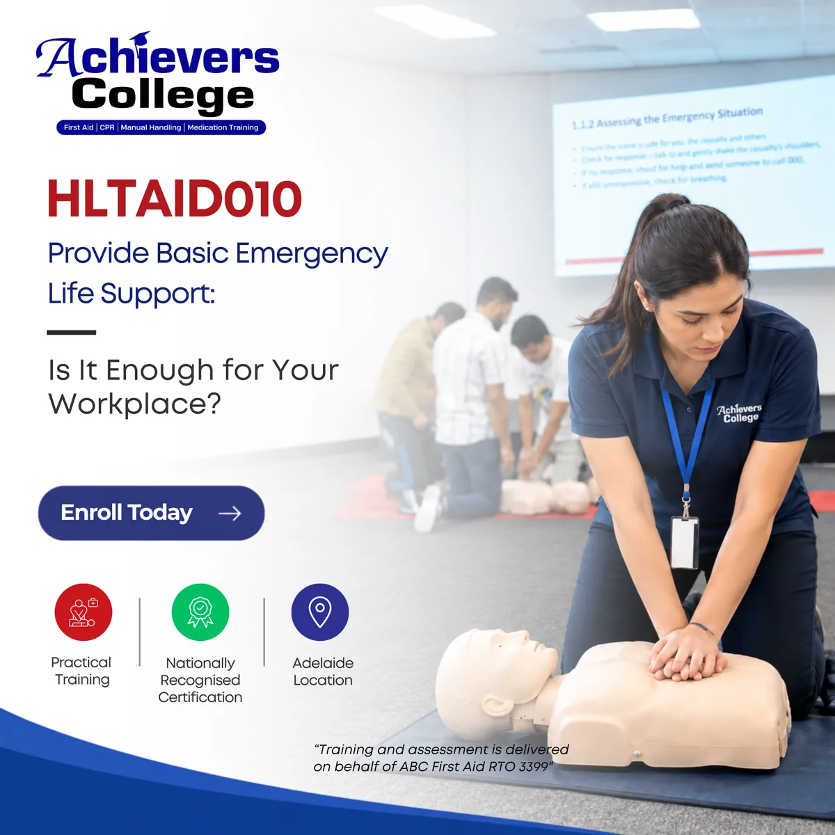 Students practising CPR and AED use in HLTAID010 Basic Emergency Life Support training