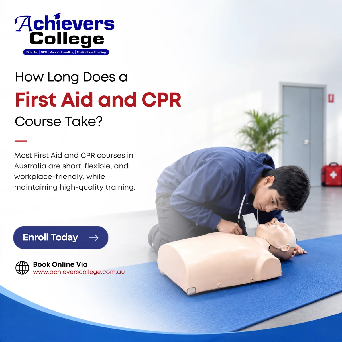 Clock beside students in a classroom, showing how long a first aid and CPR course takes