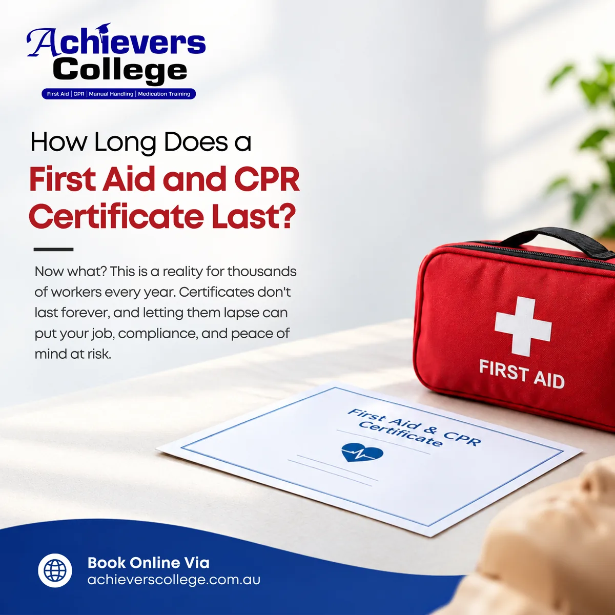 First aid certificate and calendar showing how long a first aid certificate lasts and when CPR is due for renewal