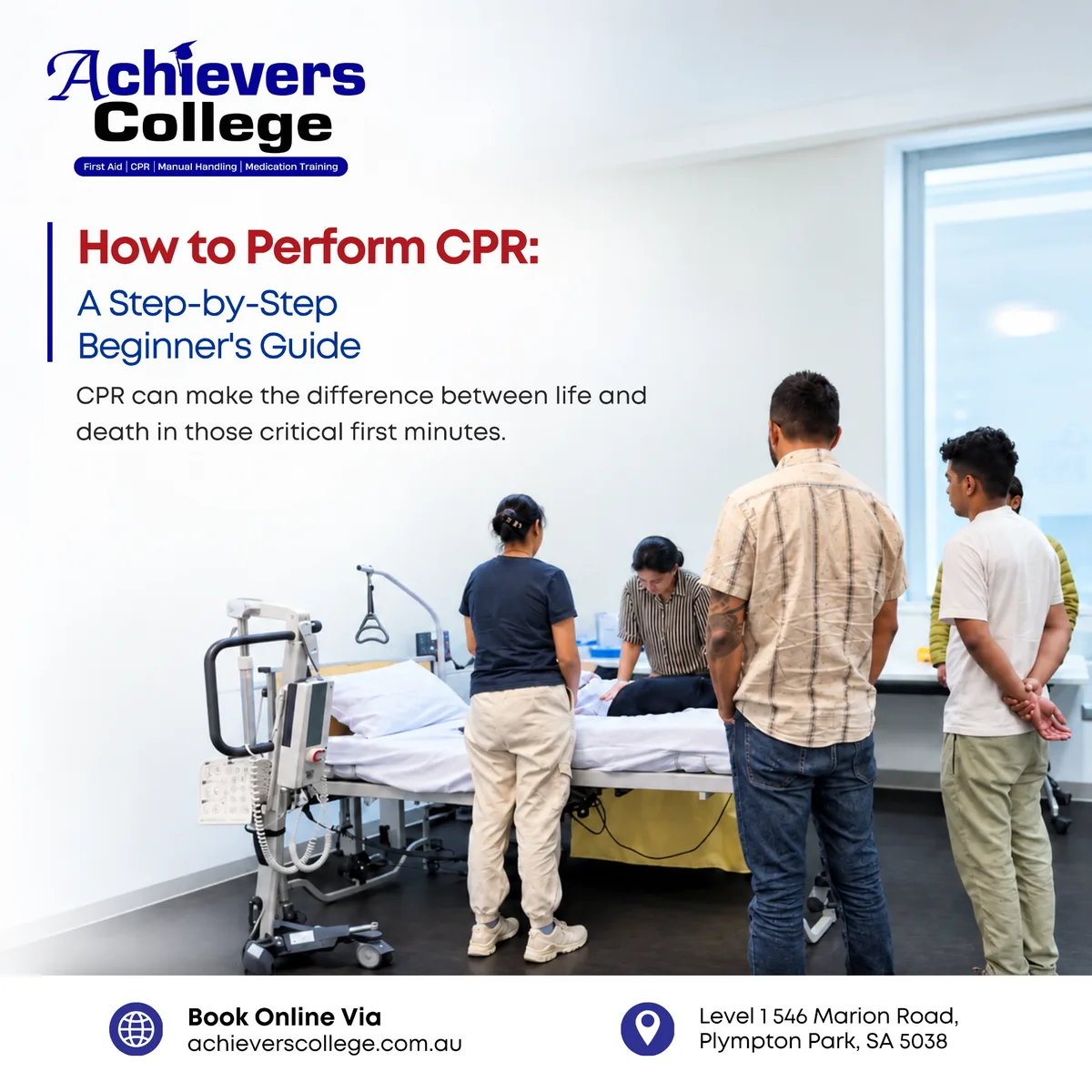 Hand position for chest compressions on an adult manikin, showing how to perform CPR step by step