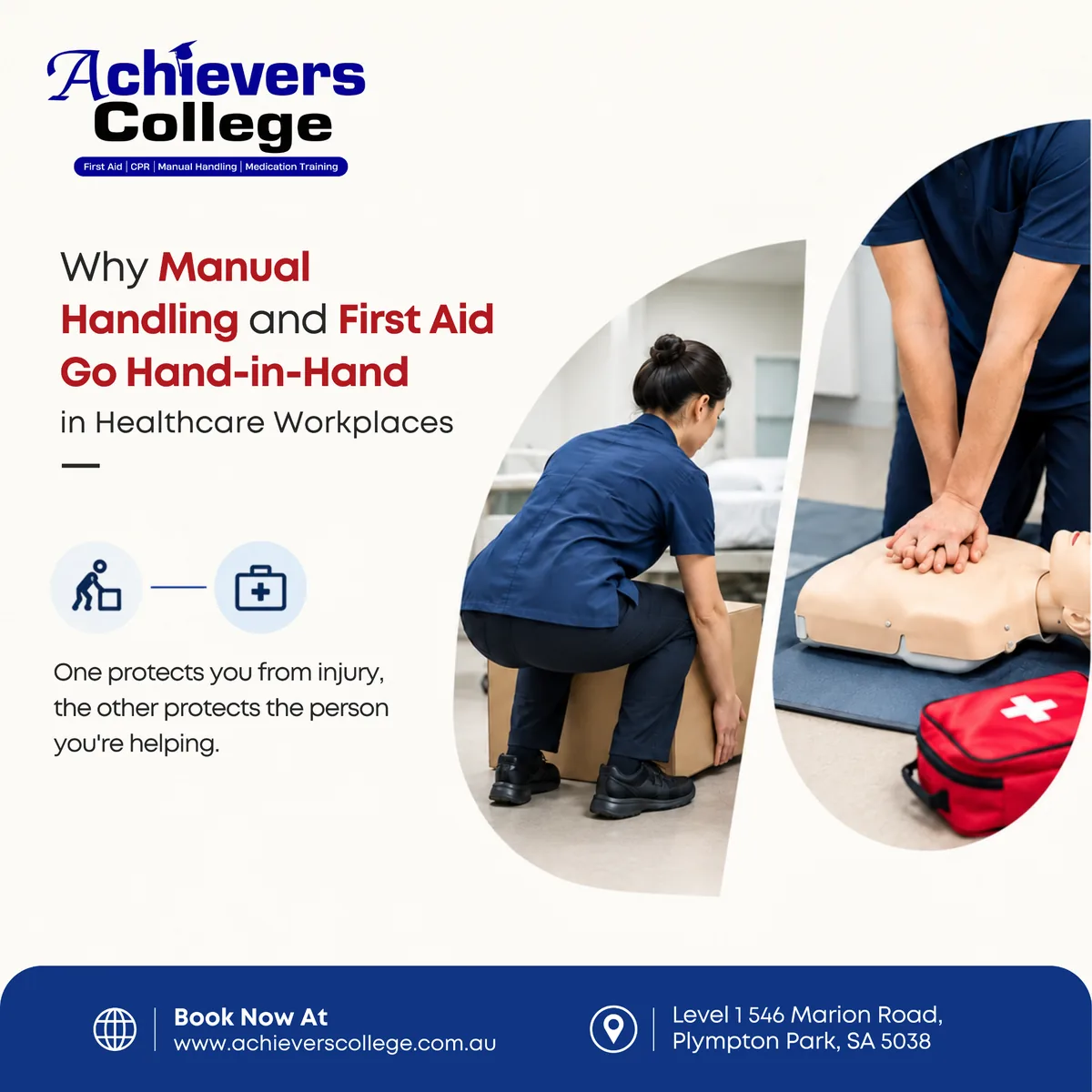 Aged care worker using safe manual handling to assist a patient, showing manual handling and first aid in healthcare