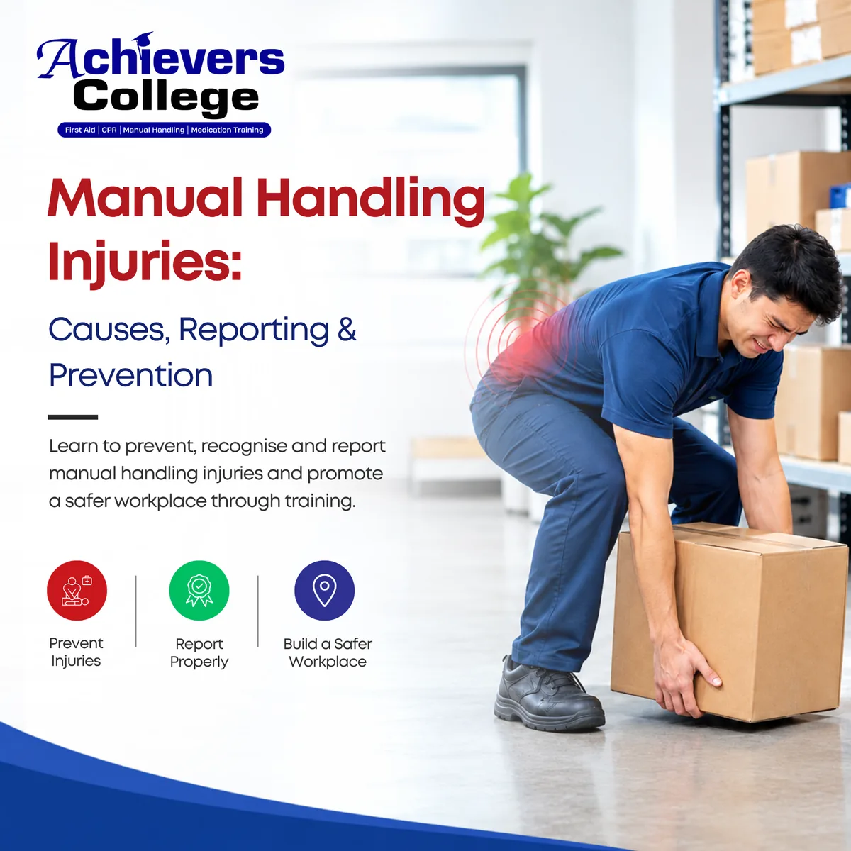 Worker holding their lower back after lifting a heavy box, a common cause of manual handling injuries