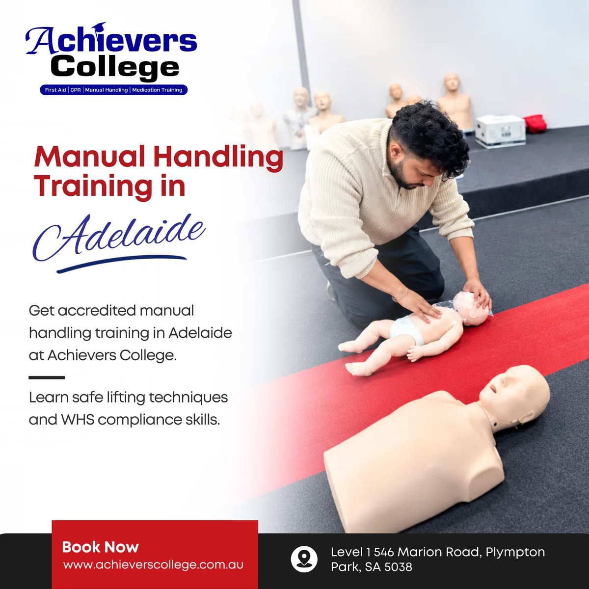 Trainer demonstrating a safe lifting technique during manual handling training in Adelaide