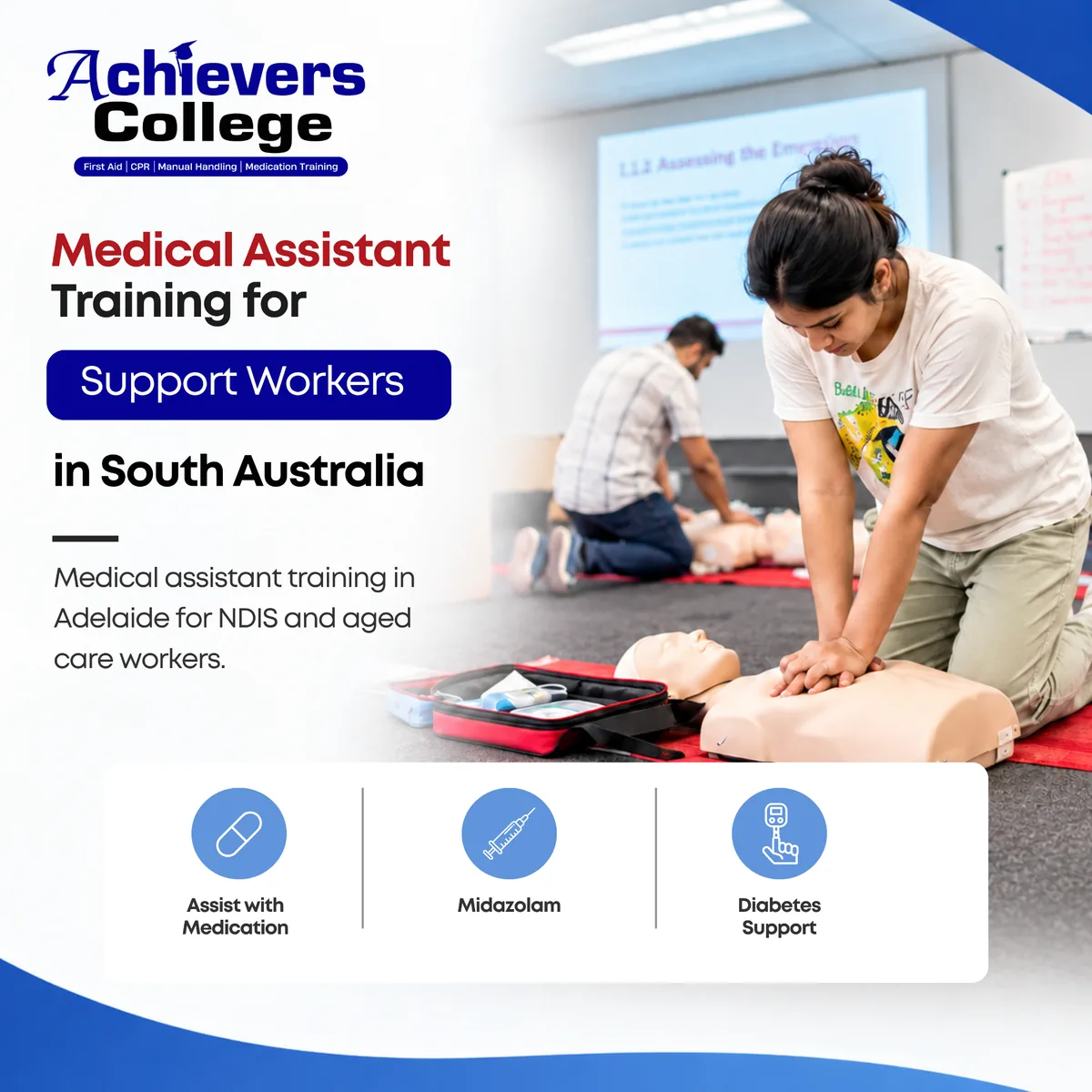 Support workers in medical assistant training in Adelaide, practising medication and insulin support