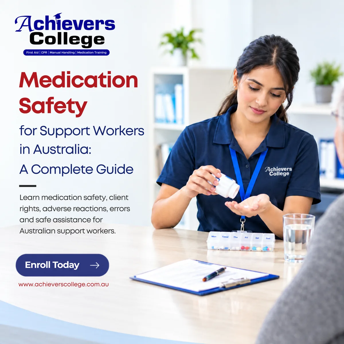 Support worker checking a medication chart with a client, practising medication safety