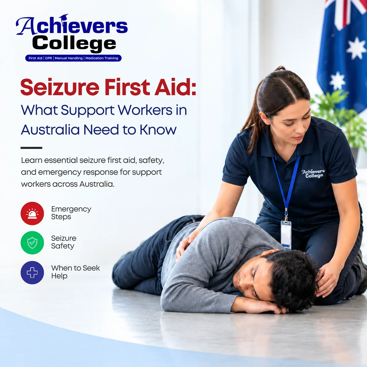 Support worker placing a person in the recovery position after a seizure as part of seizure first aid